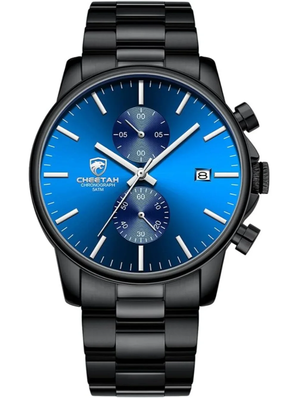 Men's Dark Blue Stainless Steel Waterproof Chronograph Quartz Wrist Watches